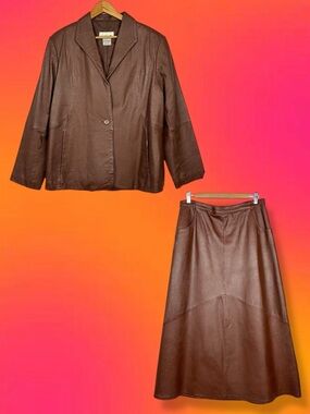 David Benjamin Vintage Retro Leather Blazer Midi Skirt Suit Set Chocolate Brown